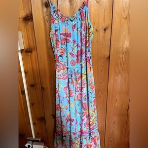 Nicole Miller New York maxi dress floral paisley colorful ruffle neck gathered